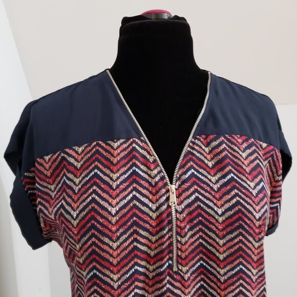 Chevron Striped Zipper Semi Sheer Short Sleeve Top Large Indie Boho Chic Retr - Picture 7 of 13